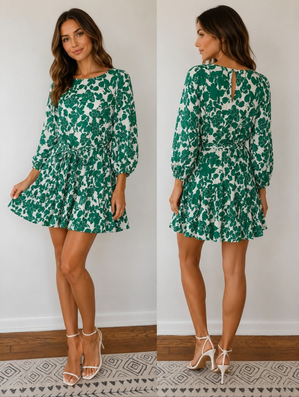 Aakaa Floral Mini Dress Balloon Sleeve Green & White Romantic Playful Flirty M